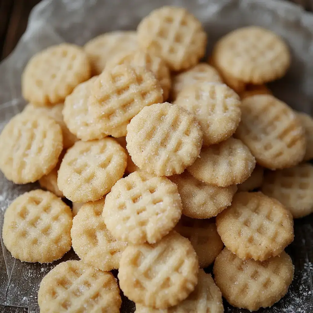 A close-up image of a pile of round, lightly sugared cookies with a textured design on top.