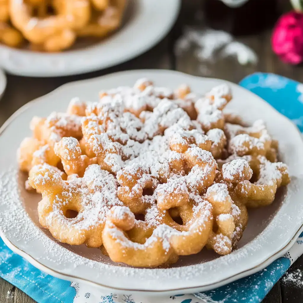 A plate of golden-brown funnel cakes dusted with powdered sugar, served on a decorative dish.