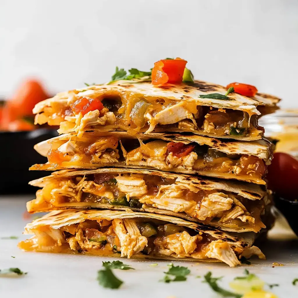 A stack of delicious, cheesy chicken quesadillas garnished with diced tomatoes and cilantro.