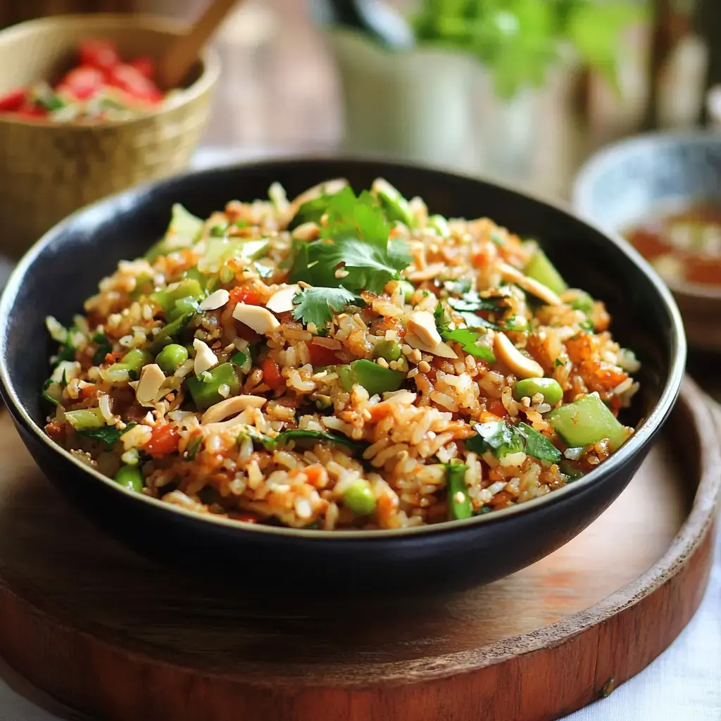 A black bowl filled with colorful fried rice topped with chopped cilantro and crushed peanuts, set on a wooden tray with blurred bowls of toppings in the background.