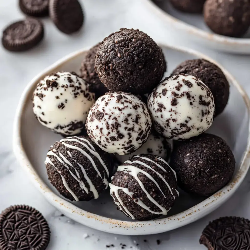 A close-up image of a white and dark chocolate-coated truffle ball arrangement in a white bowl, surrounded by Oreo cookies.