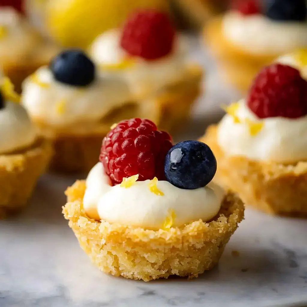 A close-up of miniature tart desserts topped with whipped cream, raspberries, blueberries, and lemon zest.