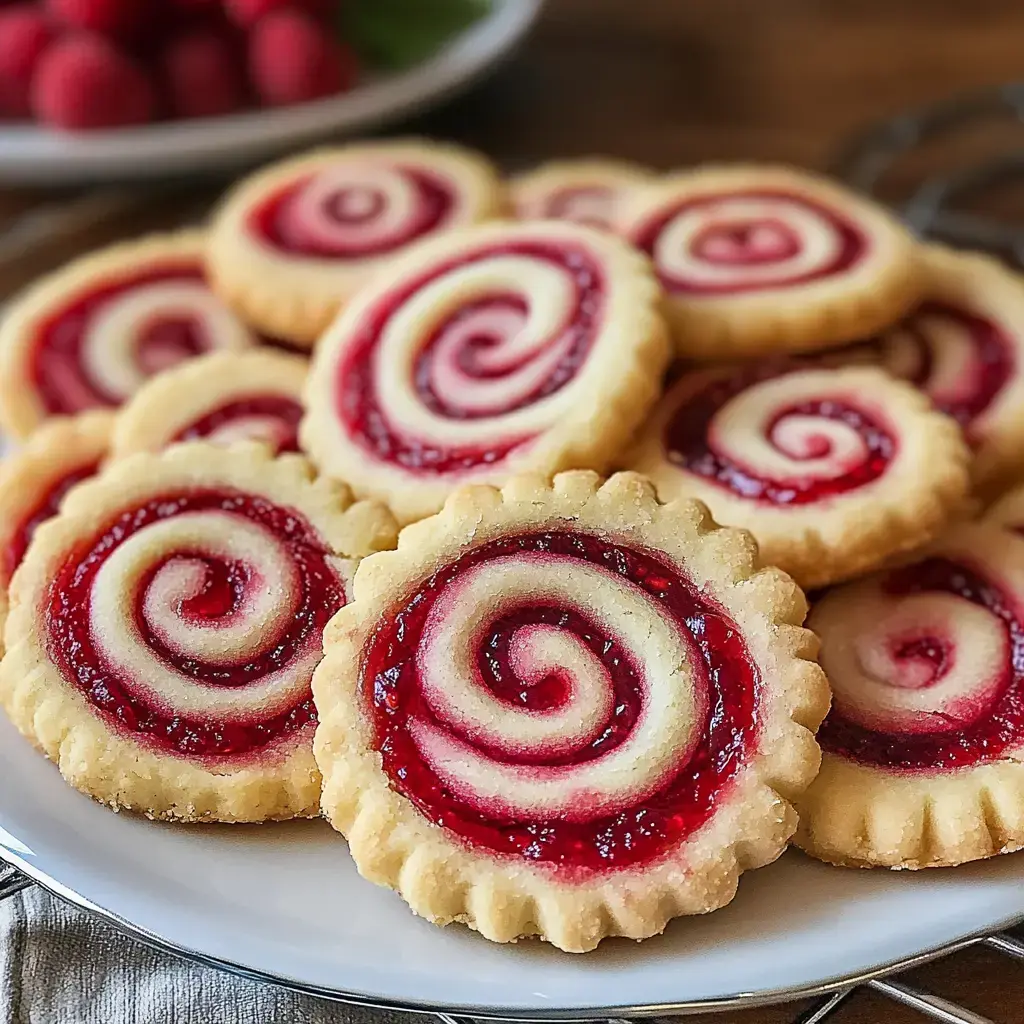 A plate of spiral-patterned cookies with a red fruit filling, surrounded by fresh raspberries.