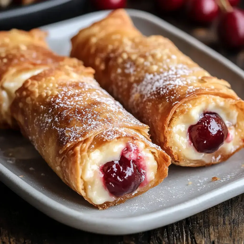 A close-up of two crispy dessert rolls filled with cream and topped with a cherry, dusted with powdered sugar on a gray plate.