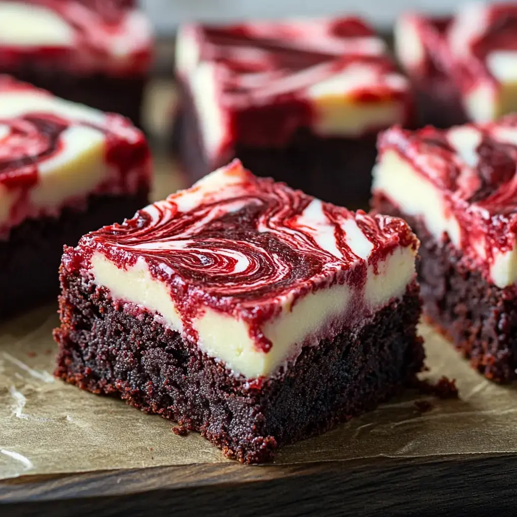 A close-up of a slice of red velvet brownie topped with a cream cheese swirl, set on a wooden surface.