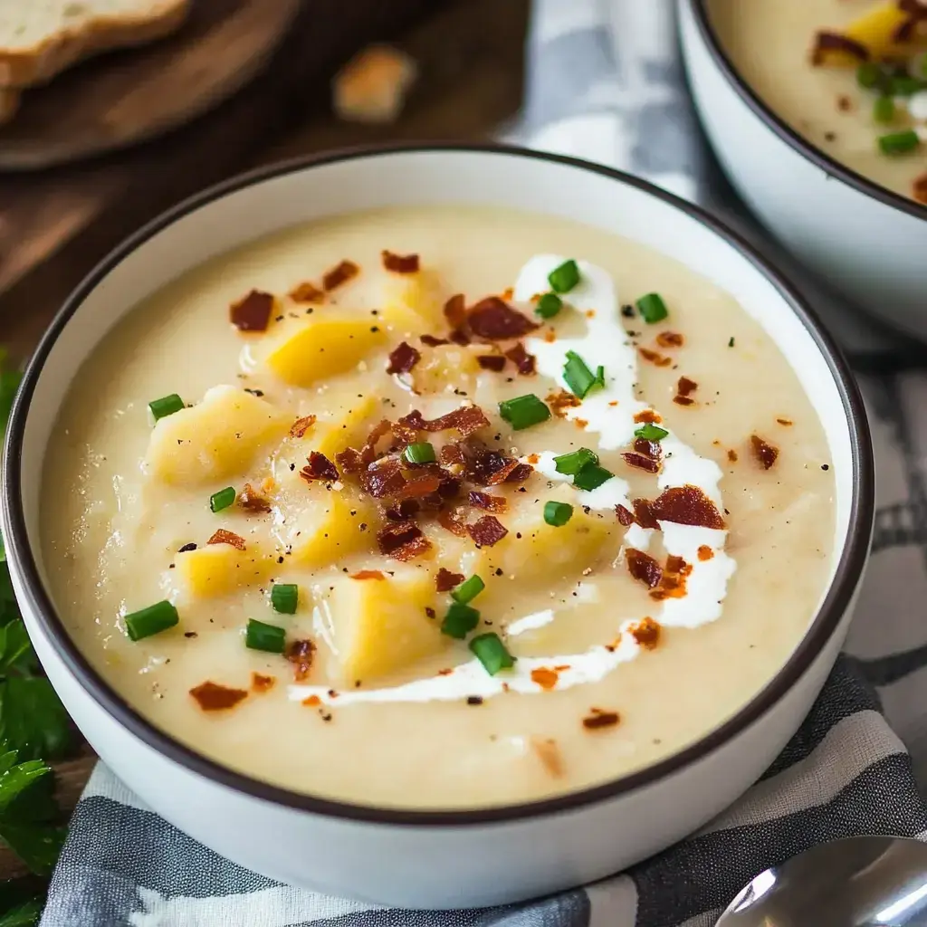 A creamy potato soup is garnished with pieces of bacon, chopped green onions, and a swirl of sour cream, served in a white bowl on a patterned cloth.