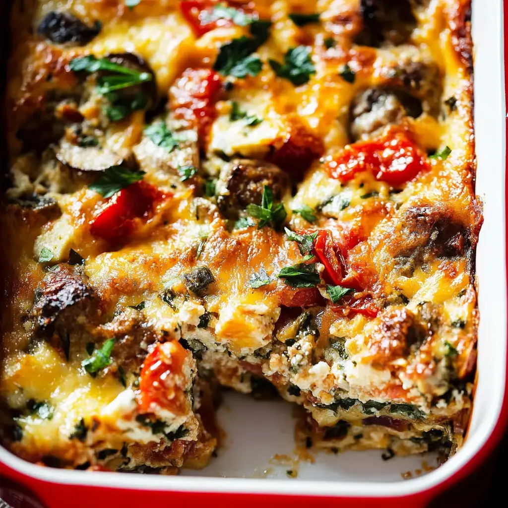 A close-up of baked casserole featuring layers of cheese, vegetables, and herbs, with a portion cut out.