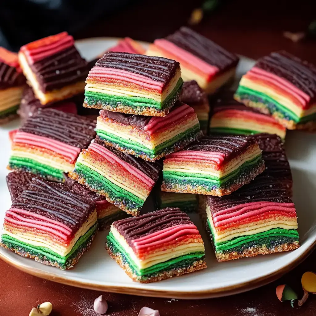 A plate of colorful layered cookies with vibrant stripes of red, yellow, green, and topped with chocolate.