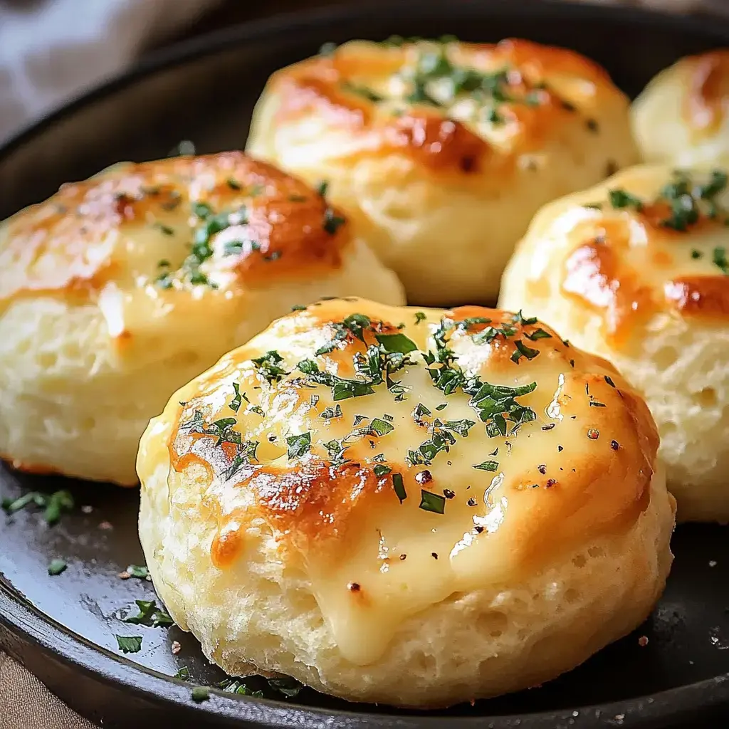 A plate of golden, cheesy biscuits garnished with fresh herbs.