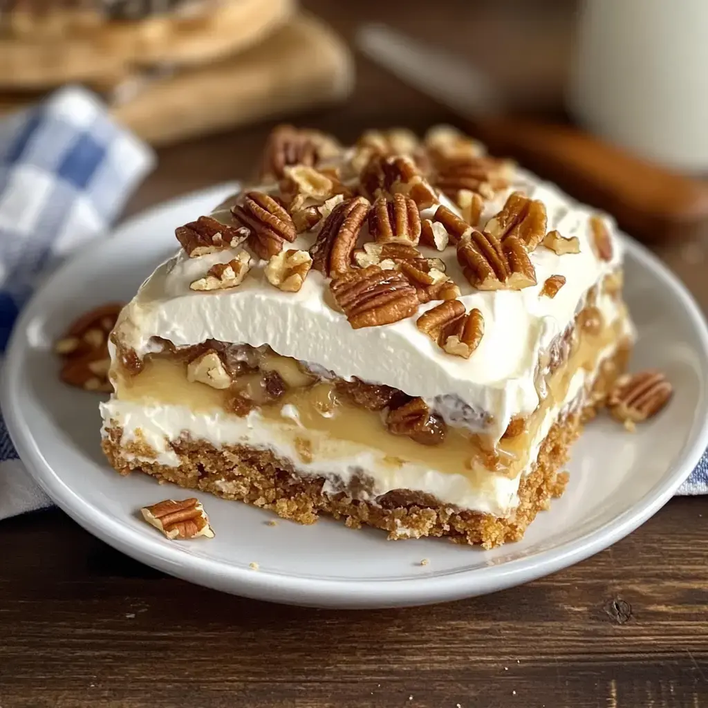 A slice of layered dessert topped with chopped pecans on a white plate, featuring a graham cracker crust, creamy filling, and a caramel-like layer.