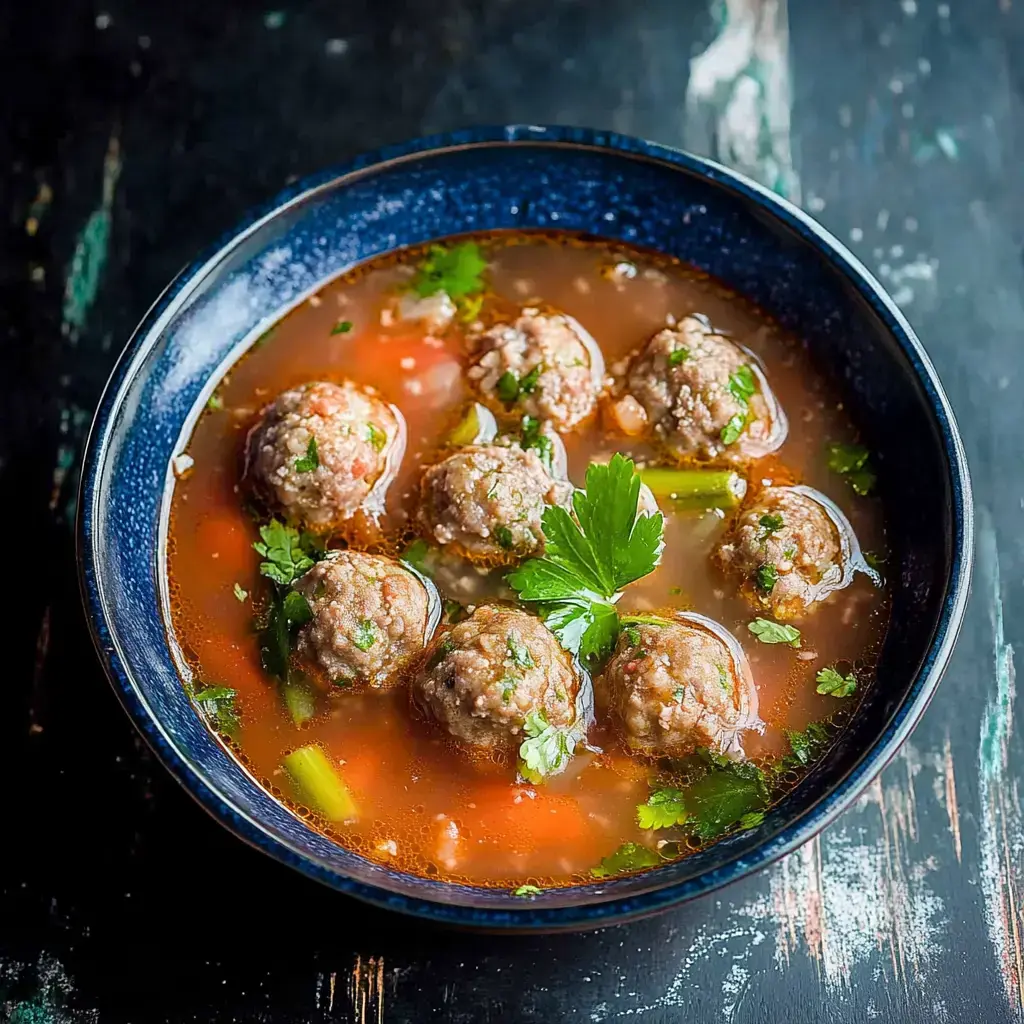 A dark blue bowl filled with meatballs in a savory broth, garnished with fresh herbs and vegetables.