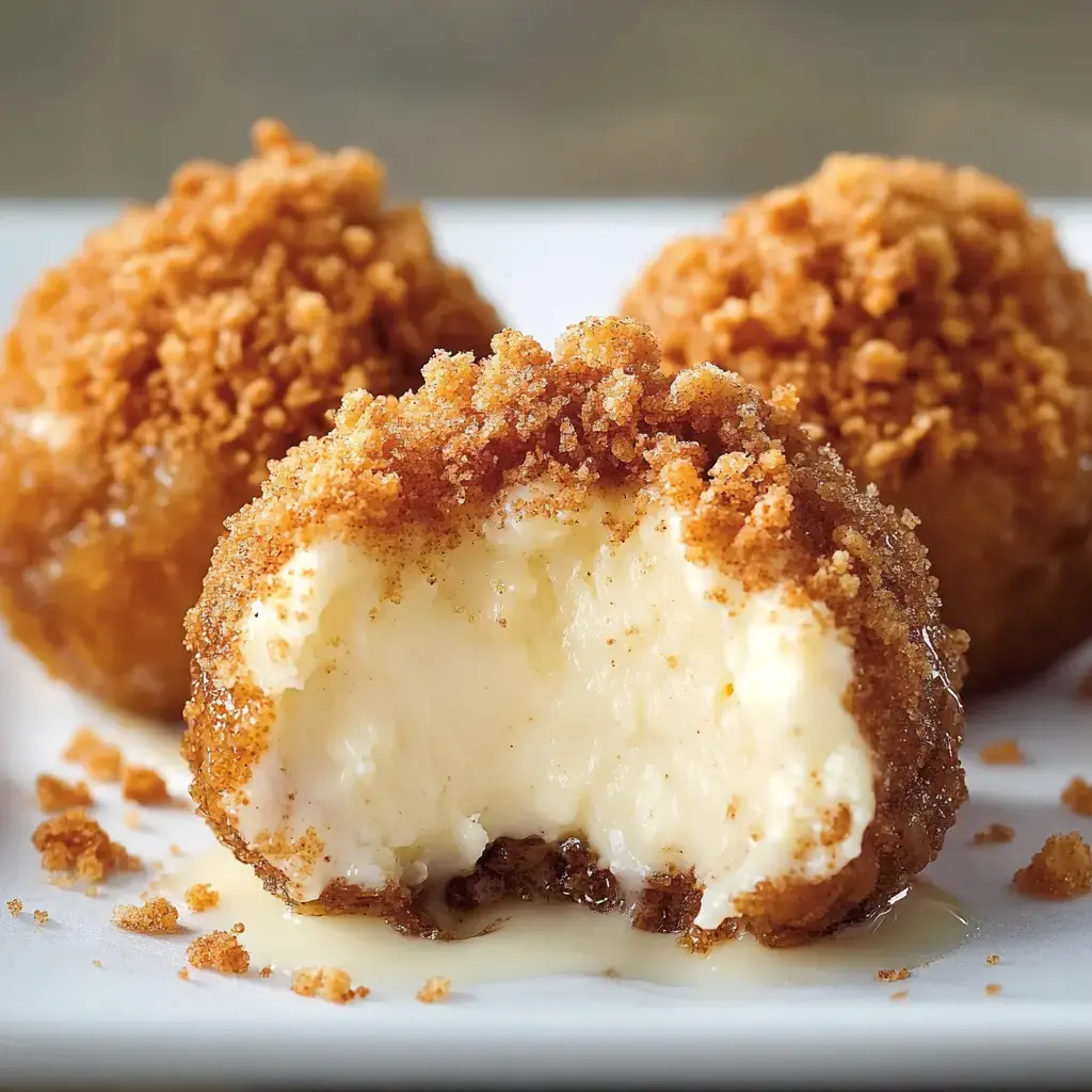 A close-up of three golden-brown dessert balls, one partially bitten to reveal a creamy center, garnished with crumbly topping.