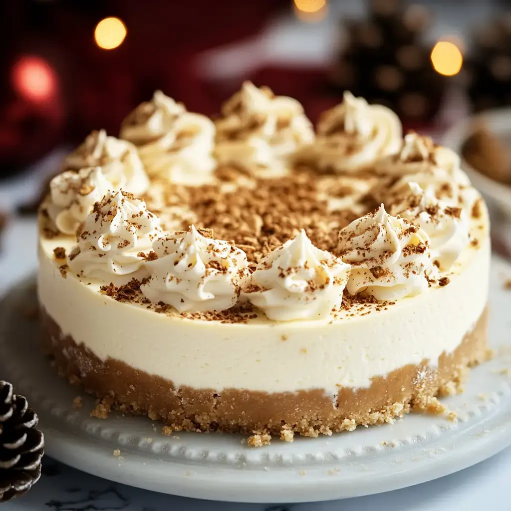 A decorated cheesecake with a crumbly crust, topped with whipped cream rosettes and chocolate shavings, displayed on a gray plate.