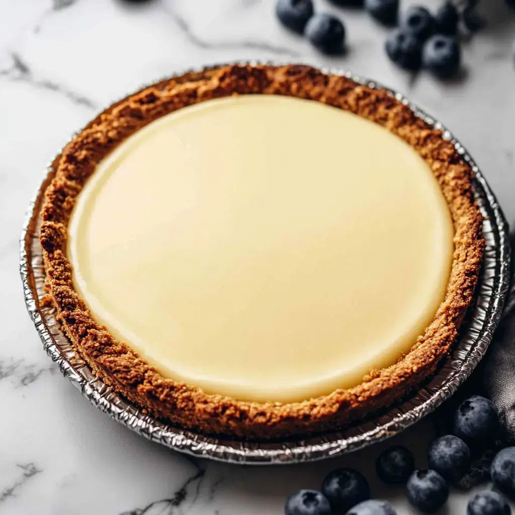 A close-up of a cheesecake with a golden graham cracker crust, surrounded by fresh blueberries on a marble surface.