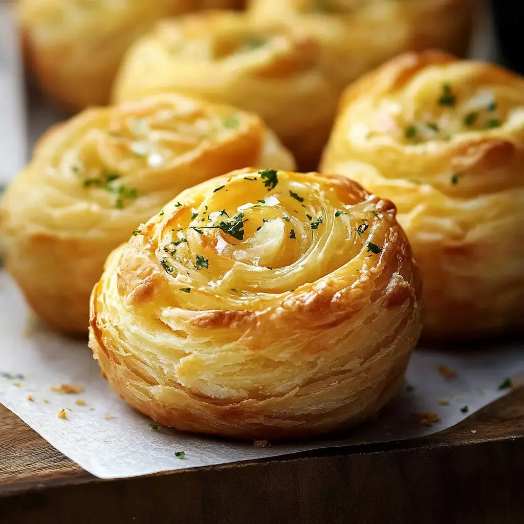 A close-up of beautifully baked pastry rolls garnished with green herbs, showcasing their flaky, spiral layers.