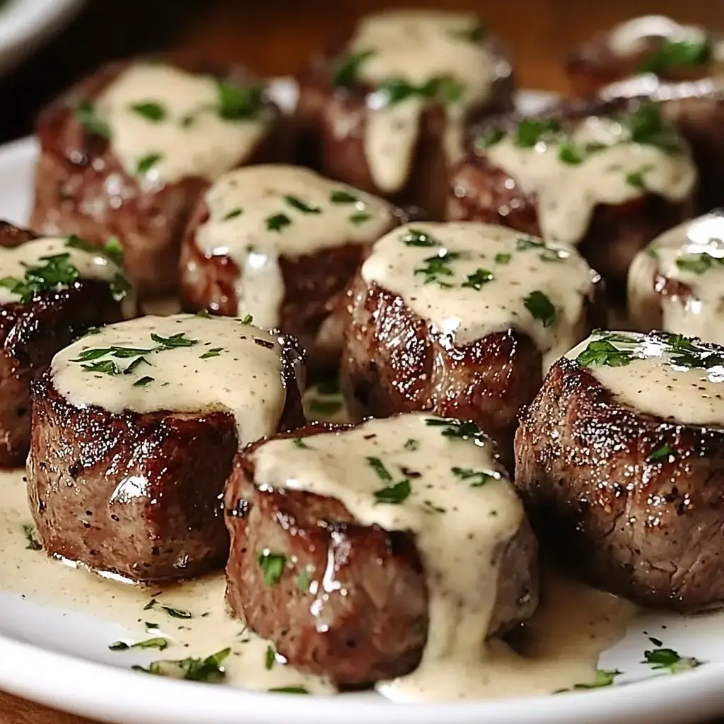 A plate of succulent beef medallions topped with a creamy sauce and garnished with chopped parsley.