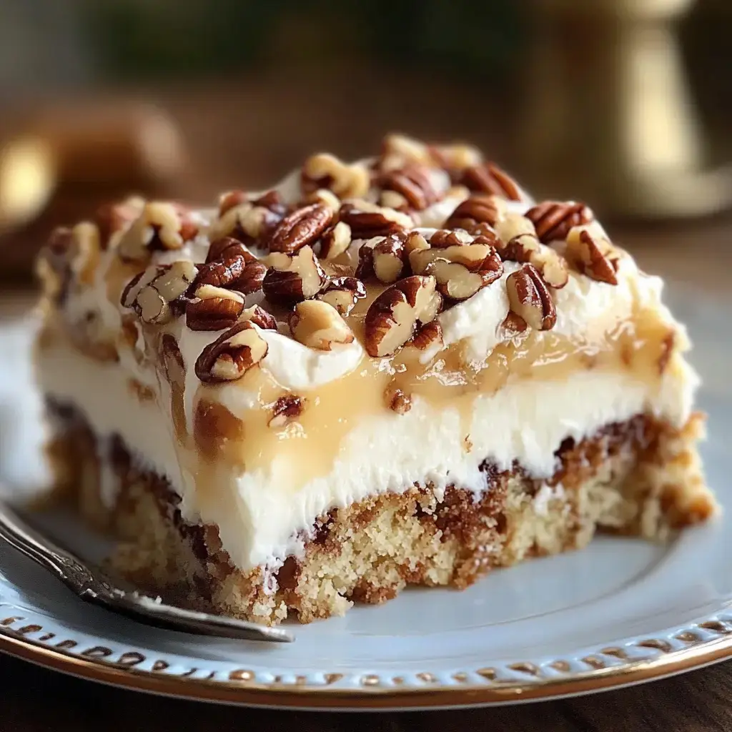 A slice of layered dessert topped with whipped cream, caramel sauce, and chopped pecans on a decorative plate.