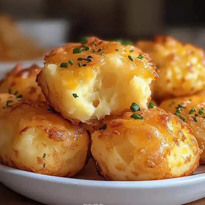 A close-up of golden, cheesy potato puffs garnished with chopped chives, showcasing a partially bitten puff to reveal its fluffy interior.