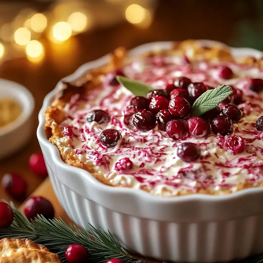 A creamy dessert topped with fresh cranberries and garnished with a sprig of sage in a white dish, surrounded by decorative holiday elements.