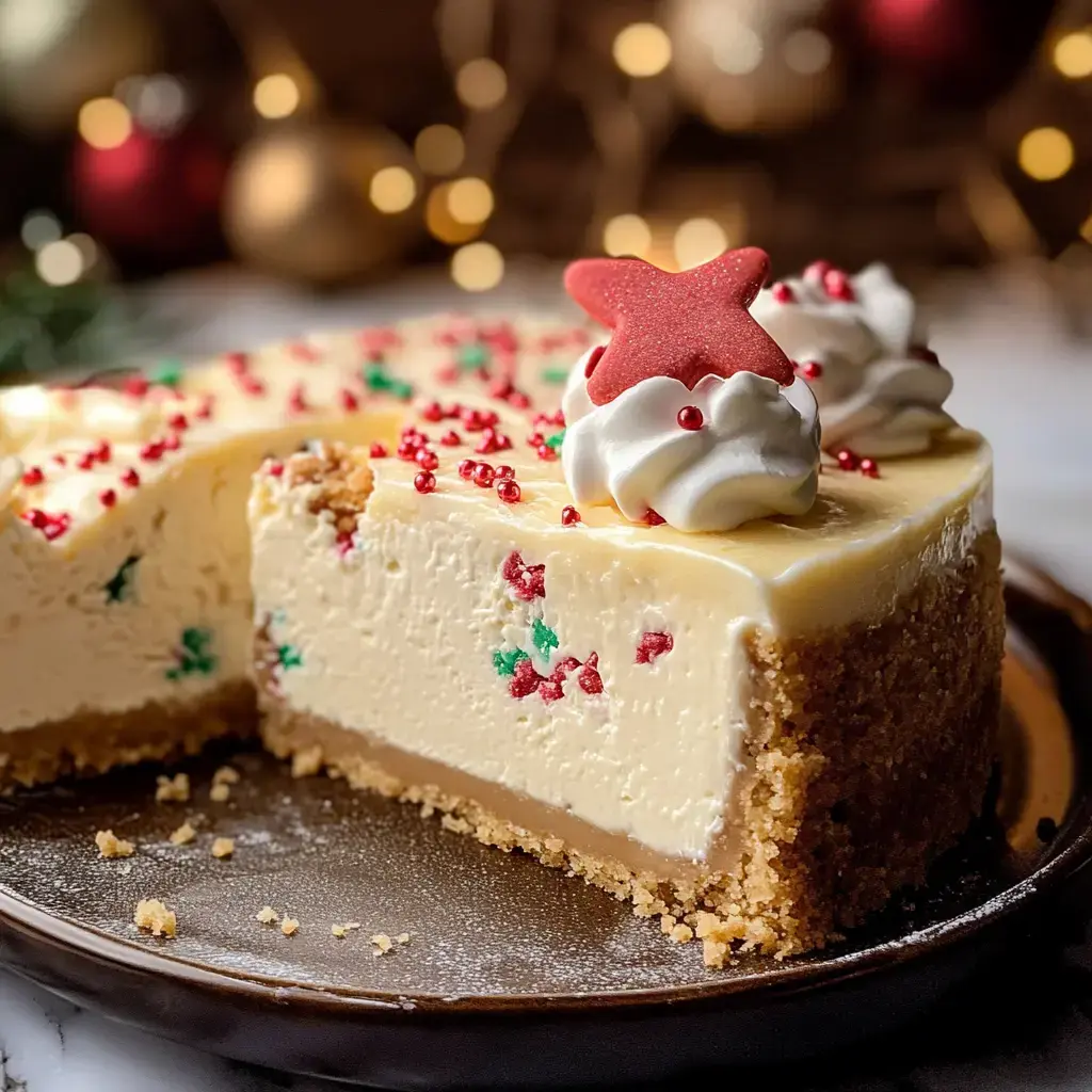 A festive cheesecake decorated with whipped cream, red sprinkles, and a star-shaped candy, with a slice removed to reveal its creamy layers.