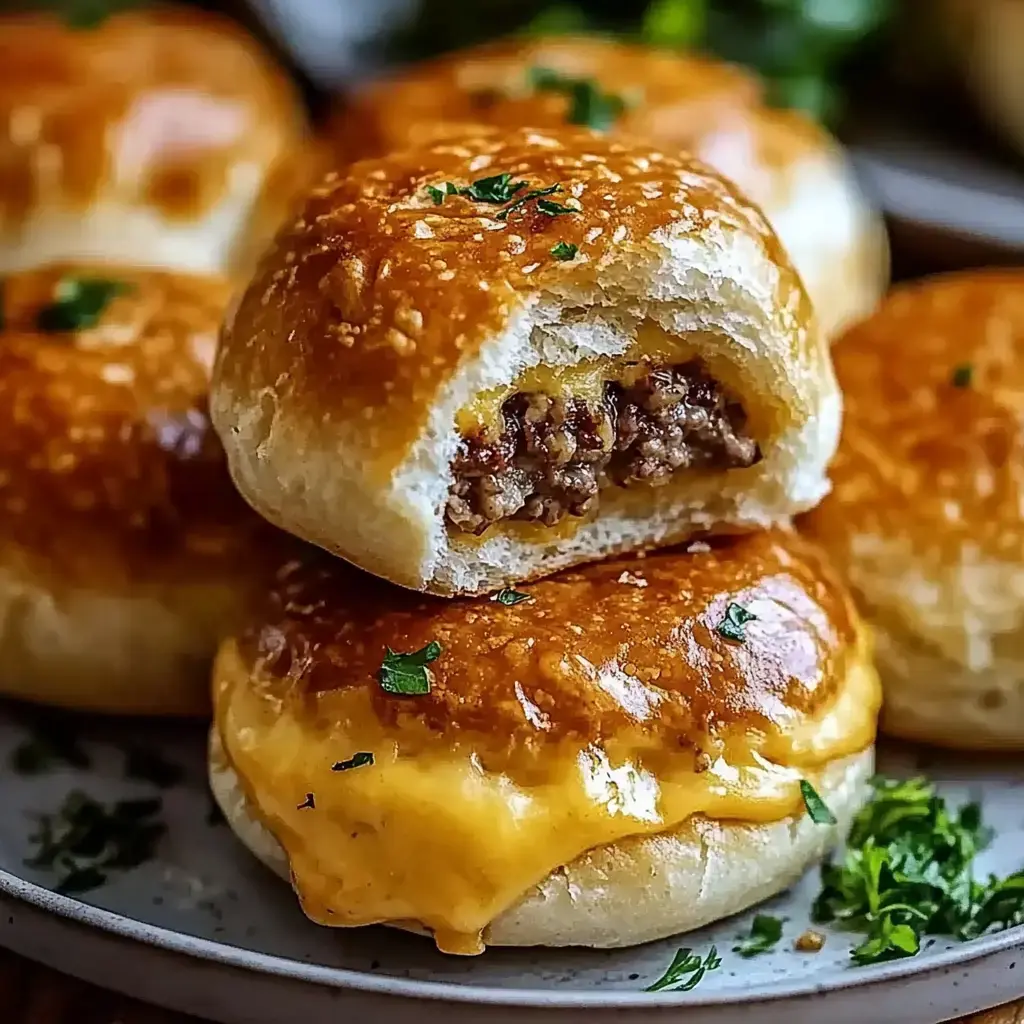 A close-up of a golden, flaky meat-filled bun with melted cheese, showcasing a bitten piece revealing its savory contents.