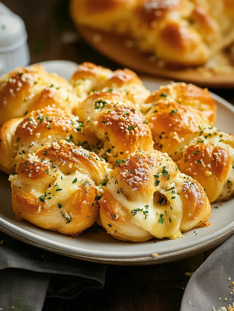 A plate of golden, cheesy bread rolls topped with herbs and sprinkled with cheese.