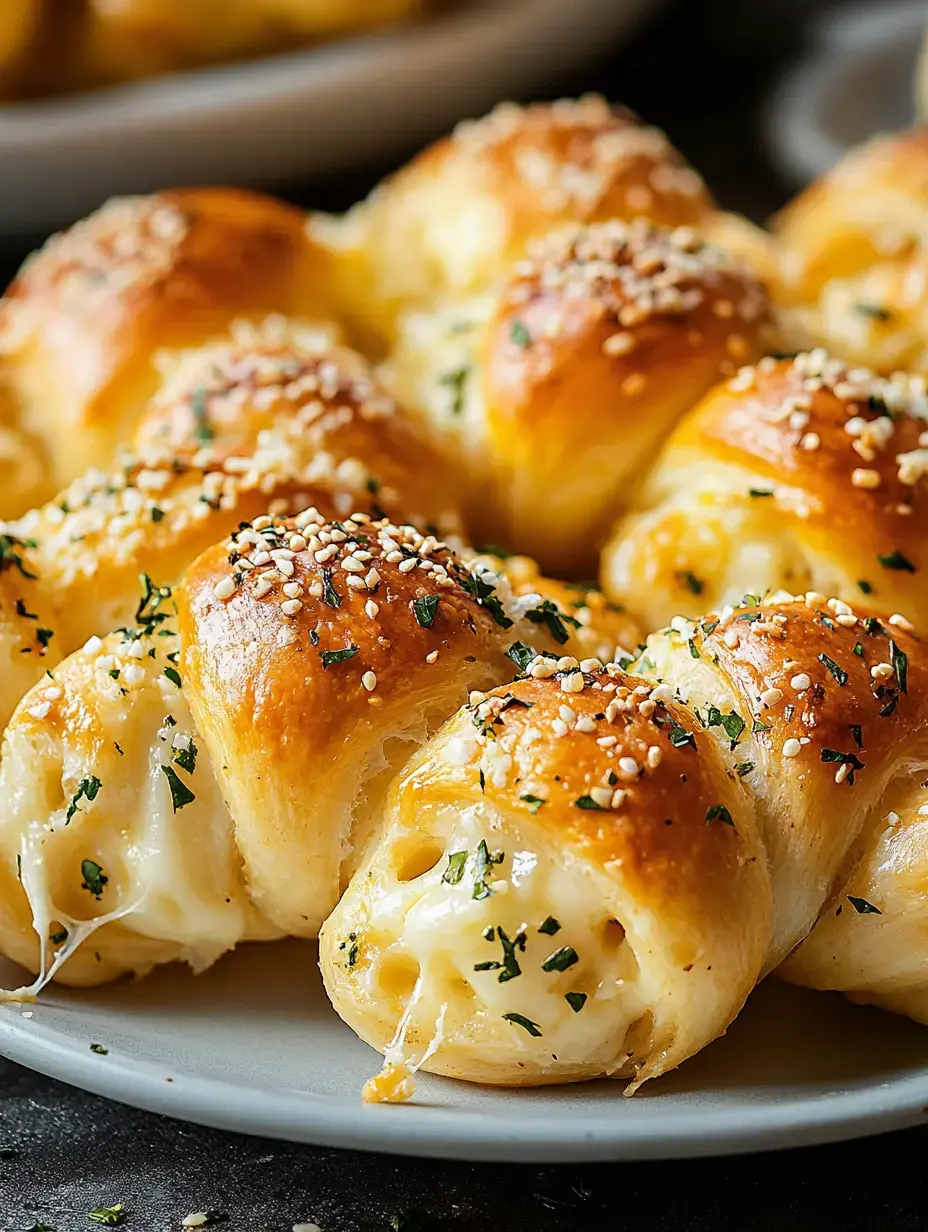 A close-up of golden, cheesy bread rolls topped with sesame seeds and herbs on a light plate.