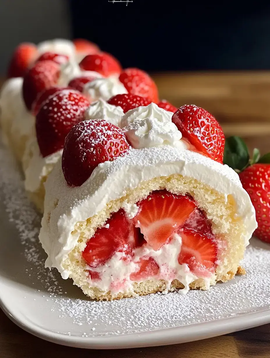 A sliced strawberry roll cake topped with whipped cream and fresh strawberries, dusted with powdered sugar.