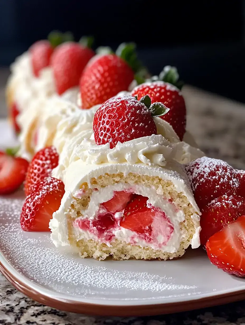 A sliced strawberry cream rollcake topped with fresh strawberries and powdered sugar is displayed on a plate.