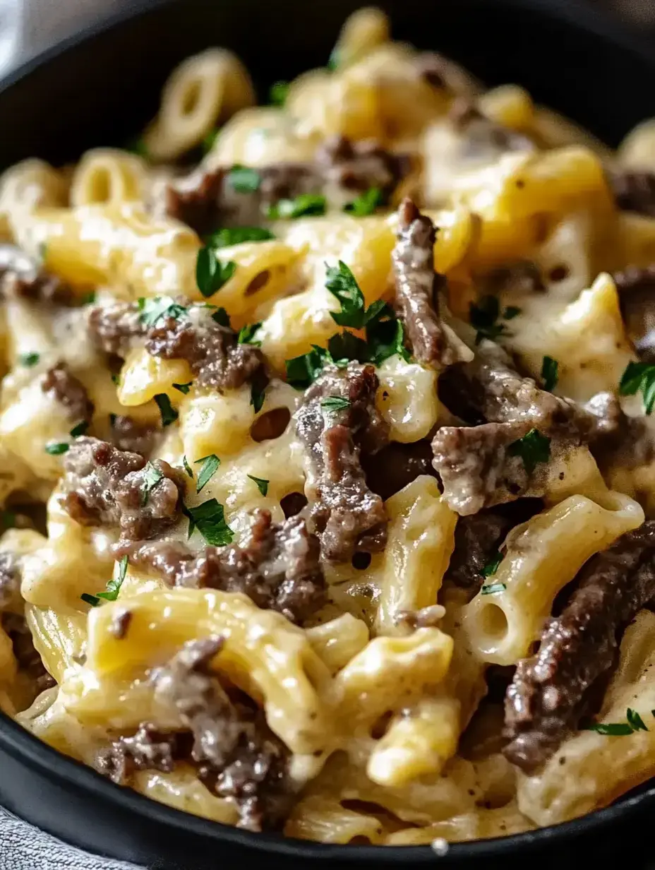 A close-up image of creamy pasta mixed with beef, garnished with fresh parsley.