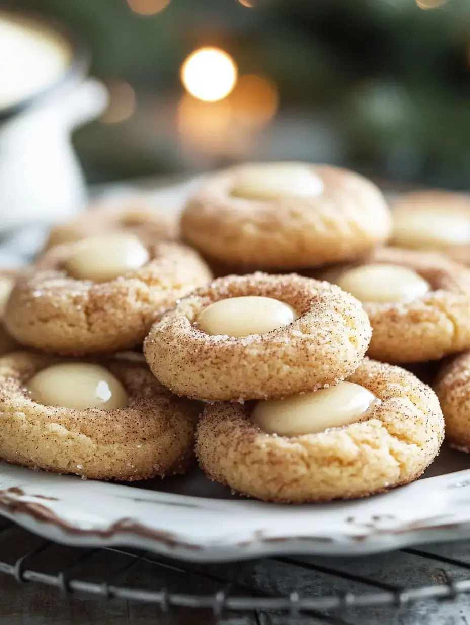 A close-up of a plate stacked with cinnamon-sugar cookies, each featuring a glossy cream center, set against a softly blurred background of warm lights.