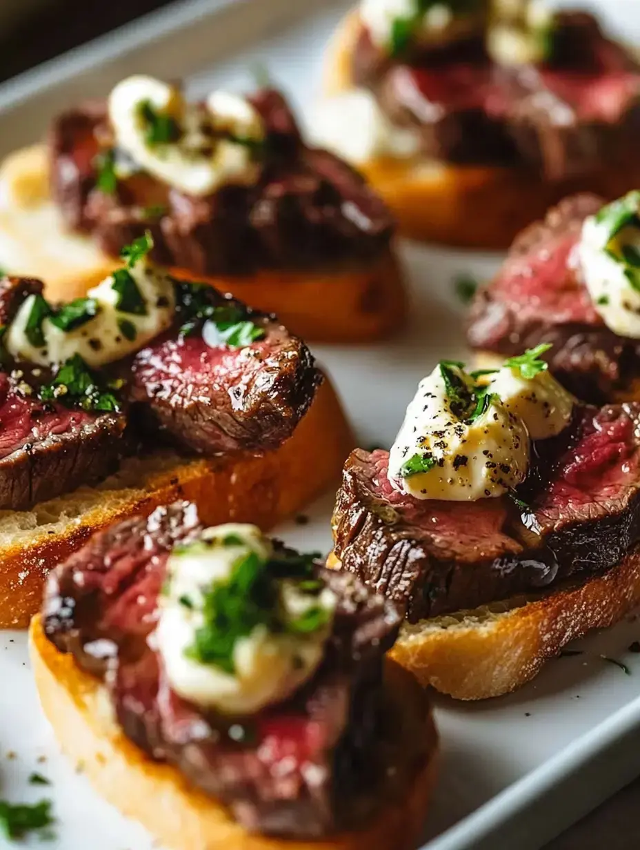 A close-up of toasted bread topped with slices of medium-rare steak, drizzled with creamy sauce and garnished with fresh herbs.