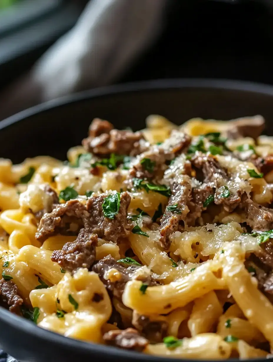 A close-up of creamy pasta with pieces of beef and garnished with fresh parsley in a black bowl.