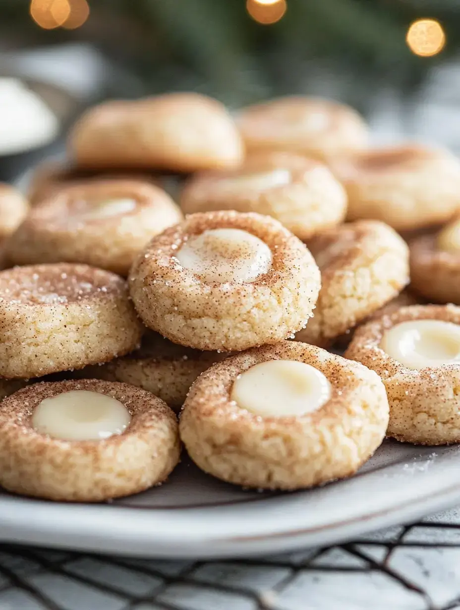 A close-up view of a plate of cinnamon-sugar cookies with a creamy white filling in the center.