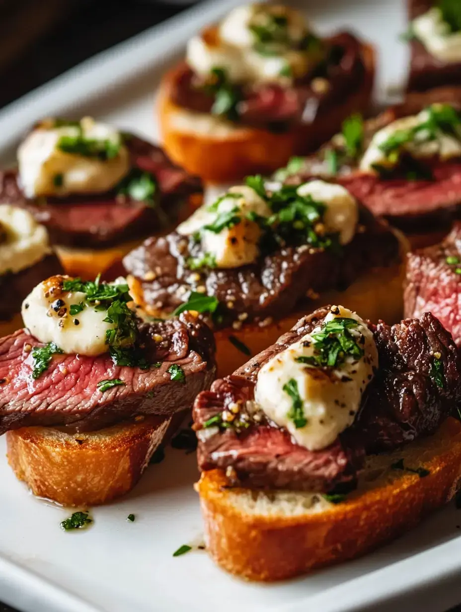 A platter of toasted bread topped with slices of beef, creamy sauce, and chopped herbs.