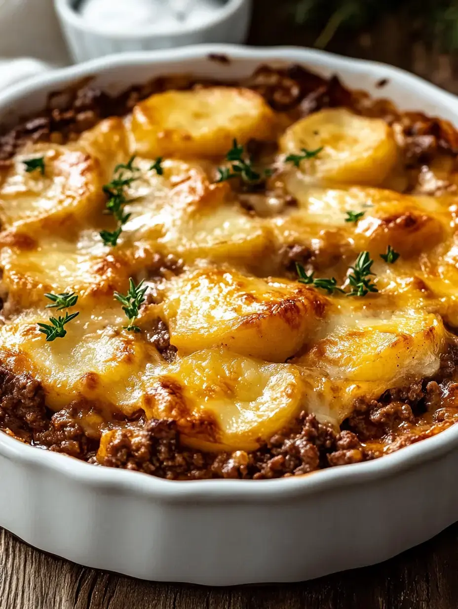 A baked dish featuring layers of golden potatoes, melted cheese, and seasoned ground meat, garnished with fresh thyme.