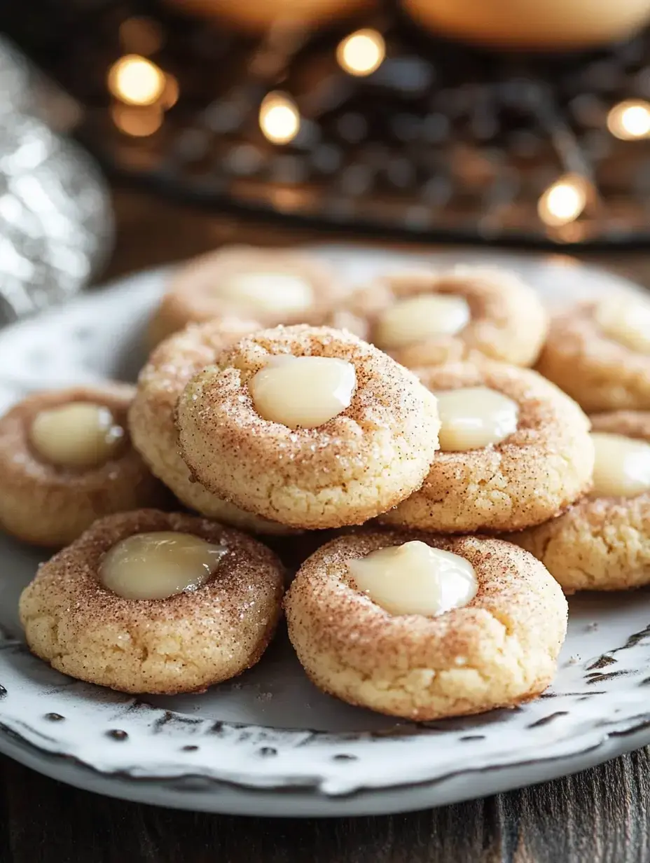 A plate of freshly baked cookies with a cinnamon sugar coating and white creamy centers.