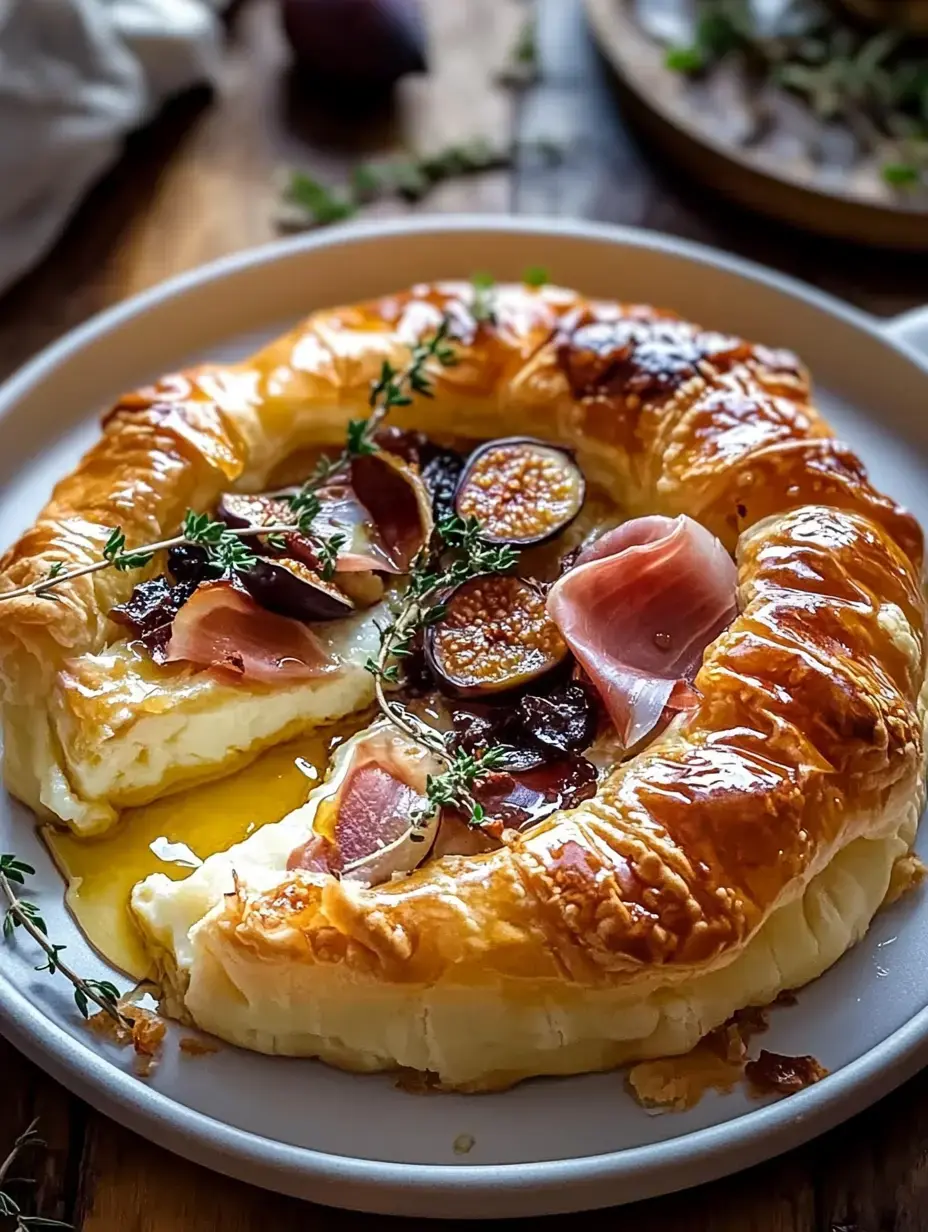 A circular puff pastry filled with creamy cheese, topped with figs, ham, and fresh thyme, served on a white plate.