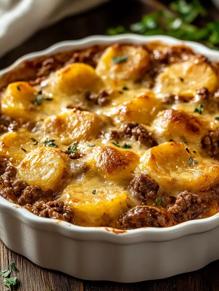 A baked casserole featuring layers of ground beef and topped with golden, crispy potato slices, garnished with herbs.