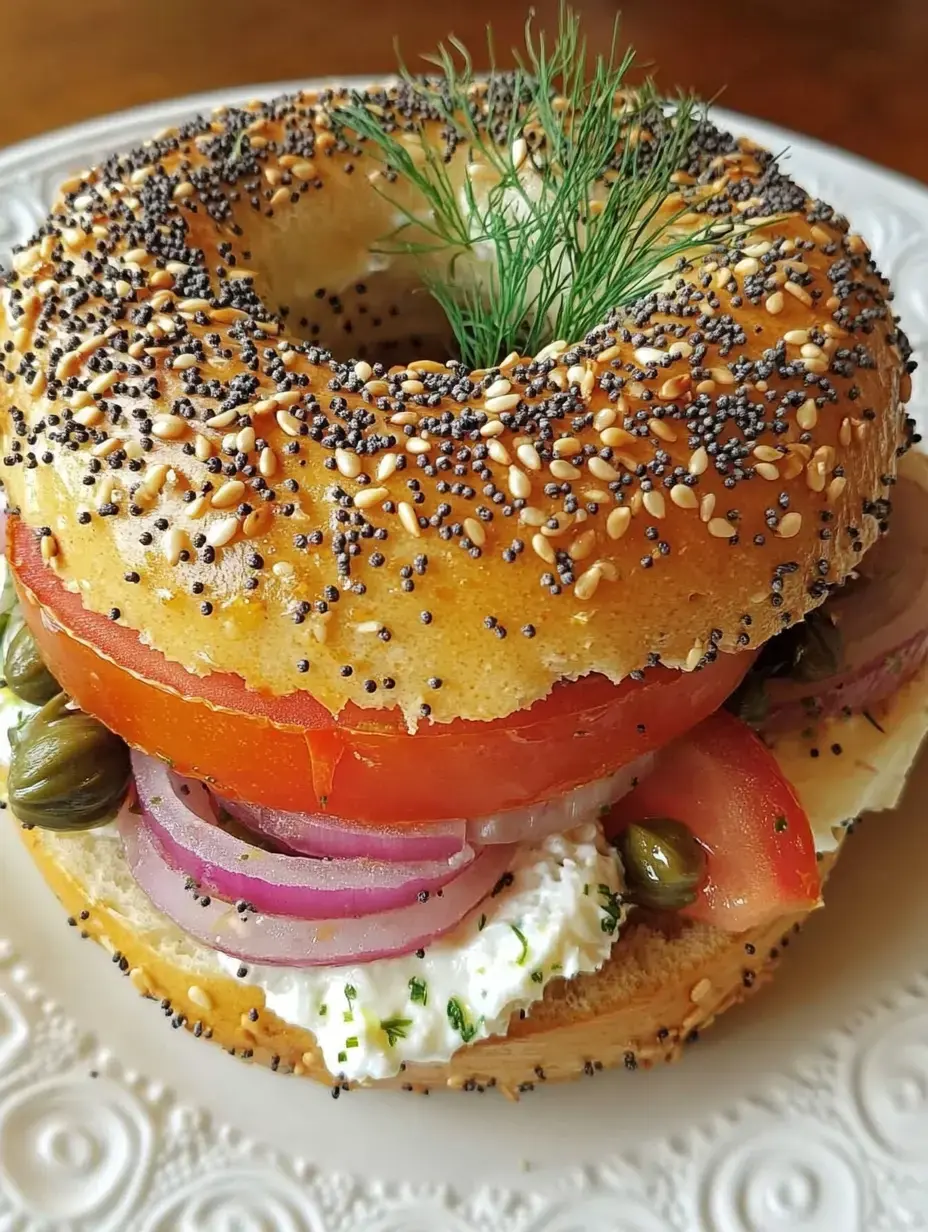 A toasted bagel topped with cream cheese, sliced tomatoes, red onions, capers, and a sprig of dill.