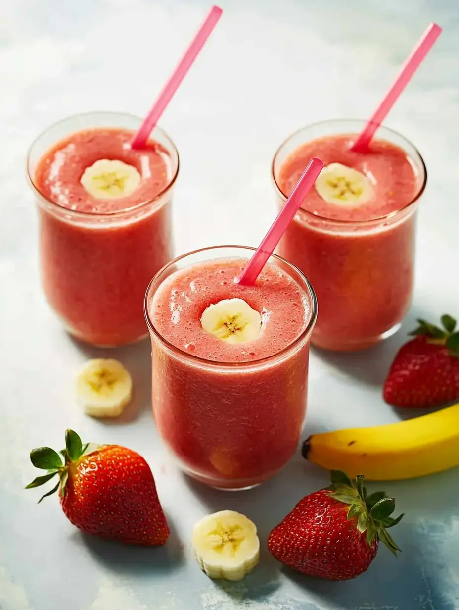 Three glasses of strawberry banana smoothie with pink straws, surrounded by fresh strawberries and a banana.