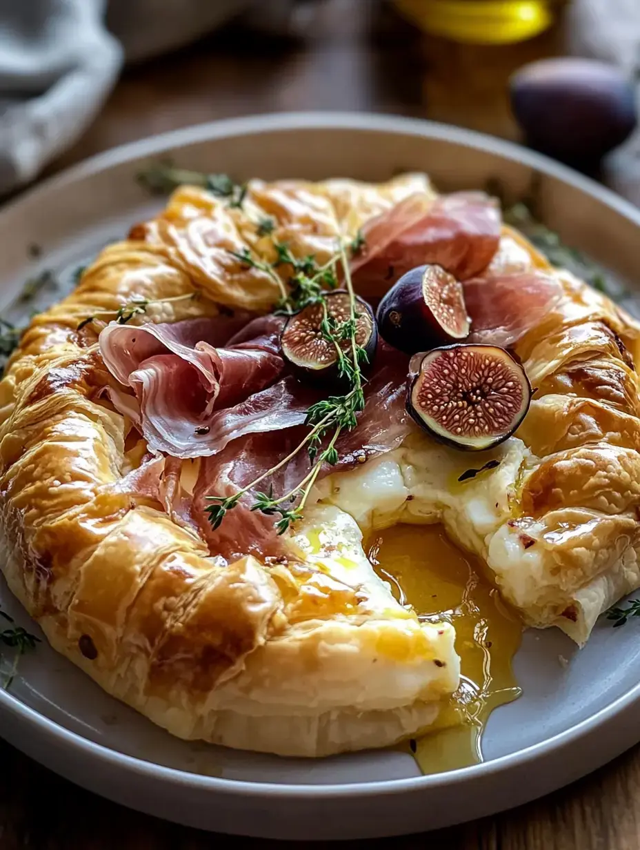 A flaky pastry topped with melted cheese, figs, slices of prosciutto, and fresh thyme drizzled with honey on a plate.