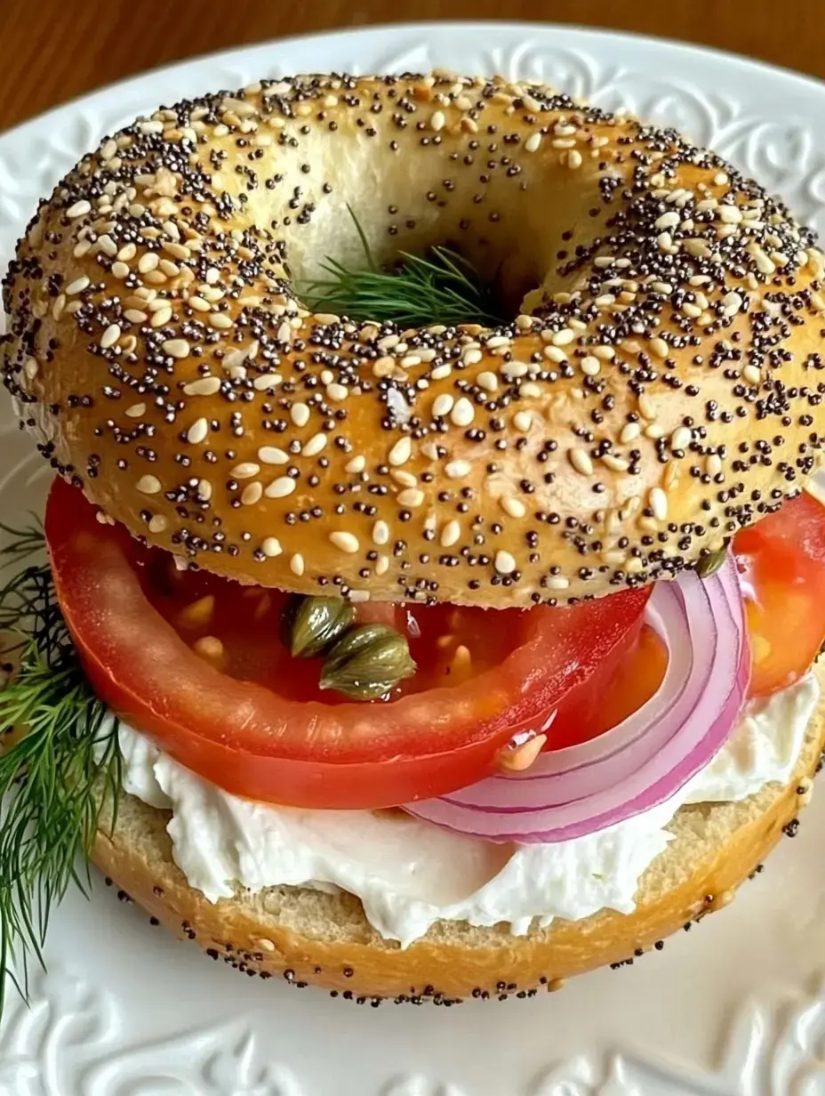 A sesame and poppy seed bagel is topped with cream cheese, slices of tomato, red onion, and capers, garnished with fresh dill.