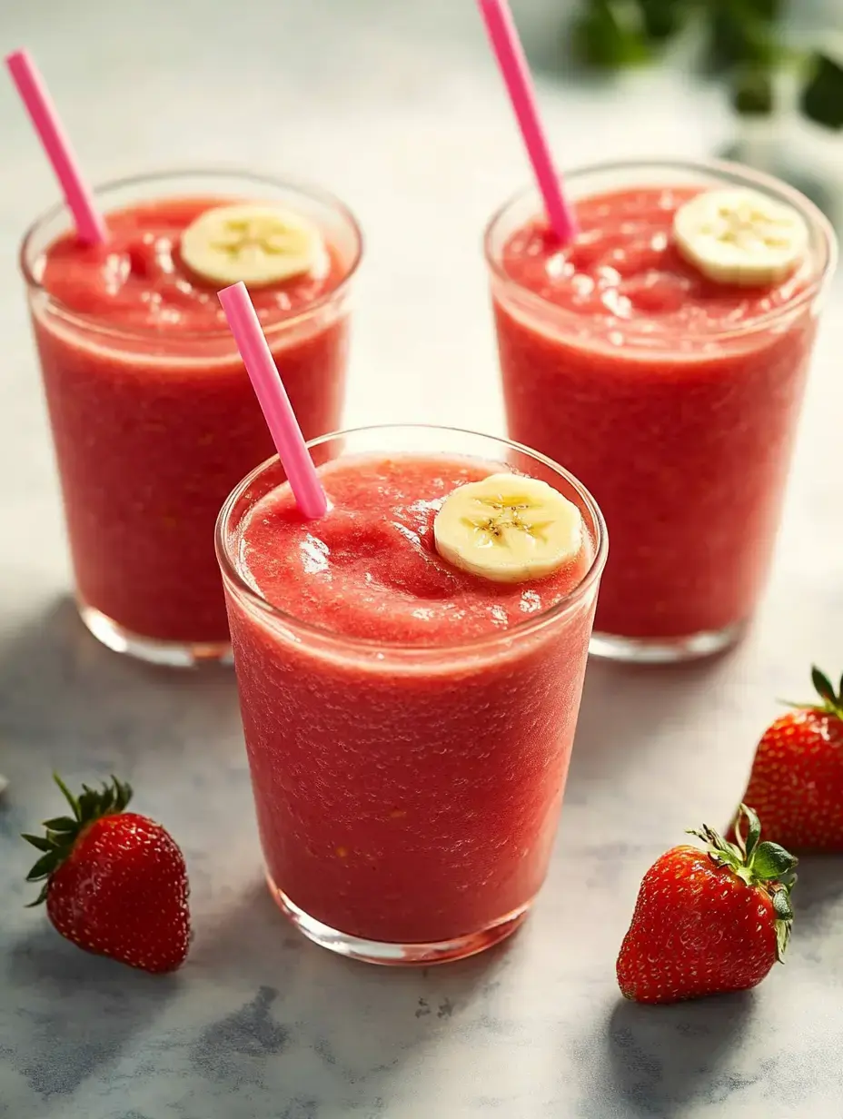 Three refreshing strawberry smoothies with banana slices on top, served in clear glasses with pink straws, accompany fresh strawberries on a light surface.