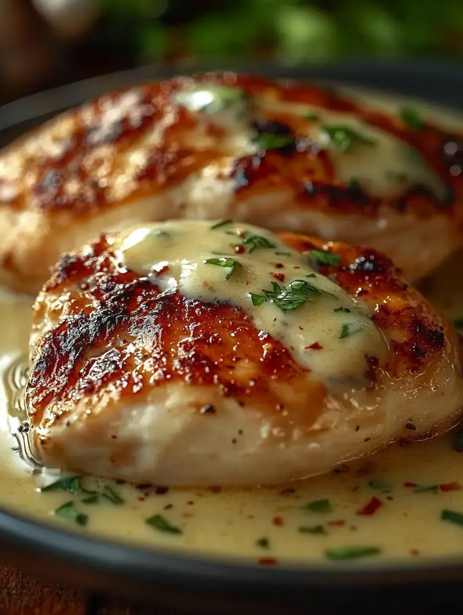 Grilled chicken breasts are served in a creamy sauce, garnished with chopped herbs and spices.