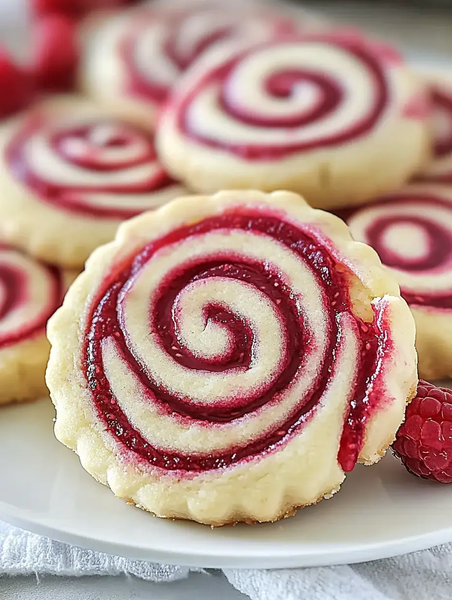 A close-up of a round, swirled raspberry-filled cookie, surrounded by similar cookies and fresh raspberries on a white plate.