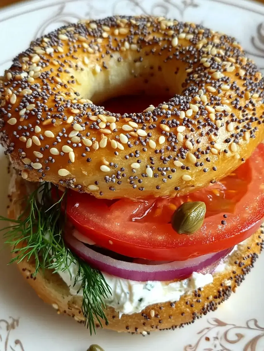 A toasted sesame and poppy seed bagel is layered with cream cheese, fresh dill, red onion, and tomato slices.