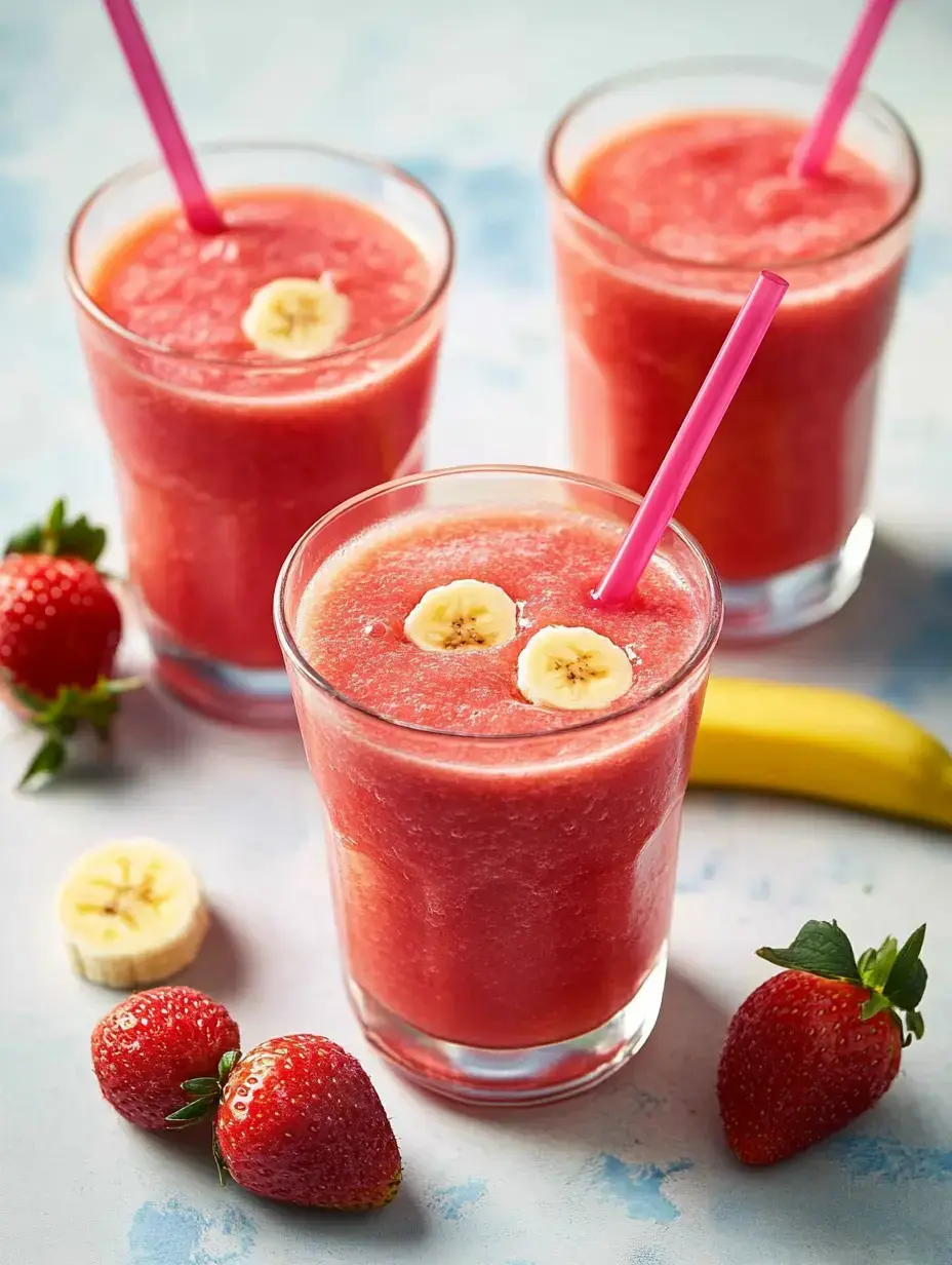 Three glasses of pink smoothies, garnished with banana slices, are placed beside fresh strawberries and a banana on a light blue surface.