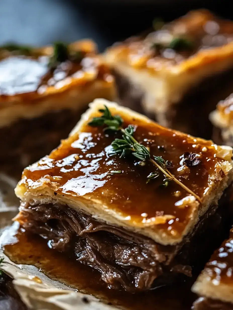 A close-up of savory pastry squares filled with tender meat and topped with glossy sauce and a sprig of thyme.