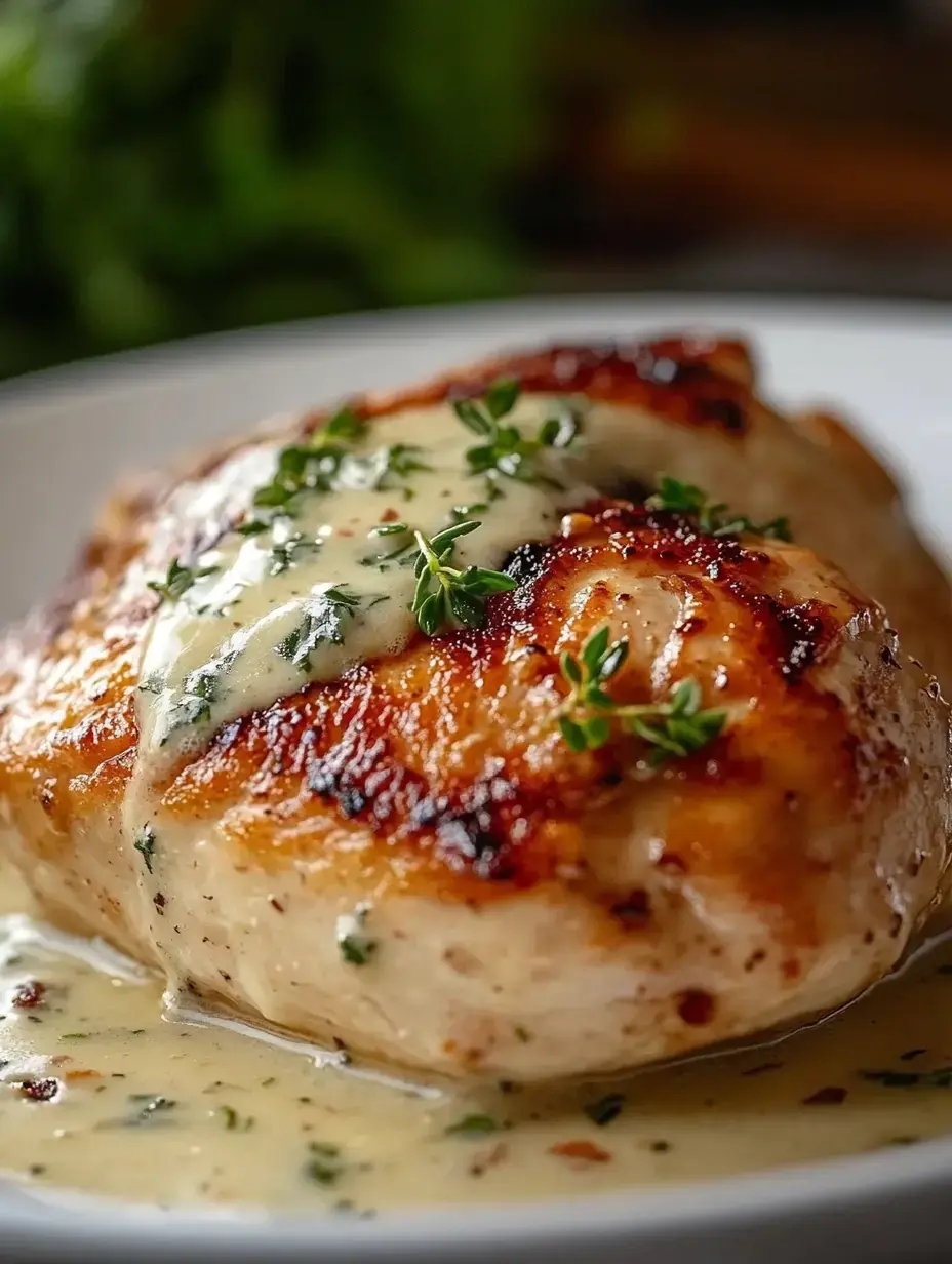 A perfectly grilled chicken breast topped with a creamy sauce and garnished with fresh herbs, served on a white plate.